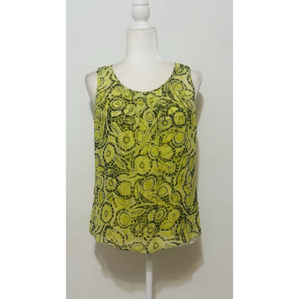 Carlisle Women Size 6 Silk Lime Green/Black Lined Subtle Pleated Top Chic Luxe